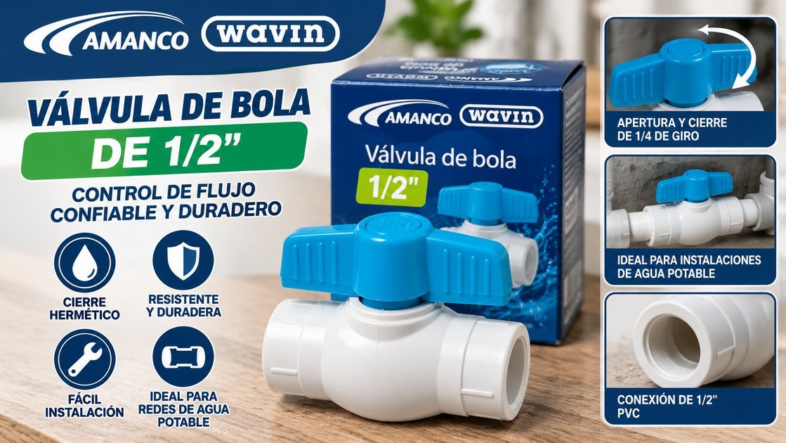 Llave de paso o válvula de bola Amanco Wavin de PVC de 1/2 pulgada con manija azul de cuarto de giro