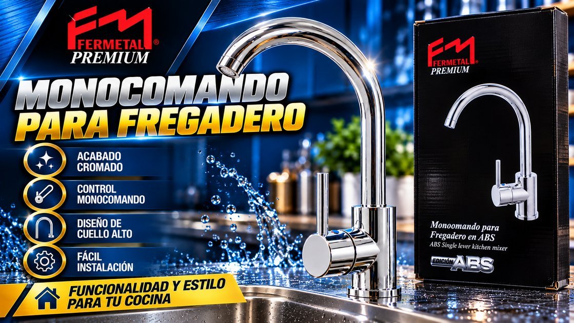 Monocomando para fregadero Fermetal Premium en ABS cromado, cuello alto