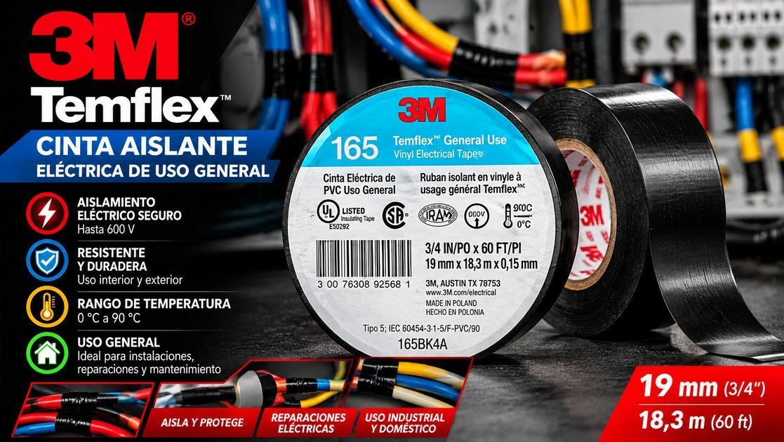 Cinta aislante eléctrica 3M Temflex 165 de PVC, 19 mm × 18,3 m