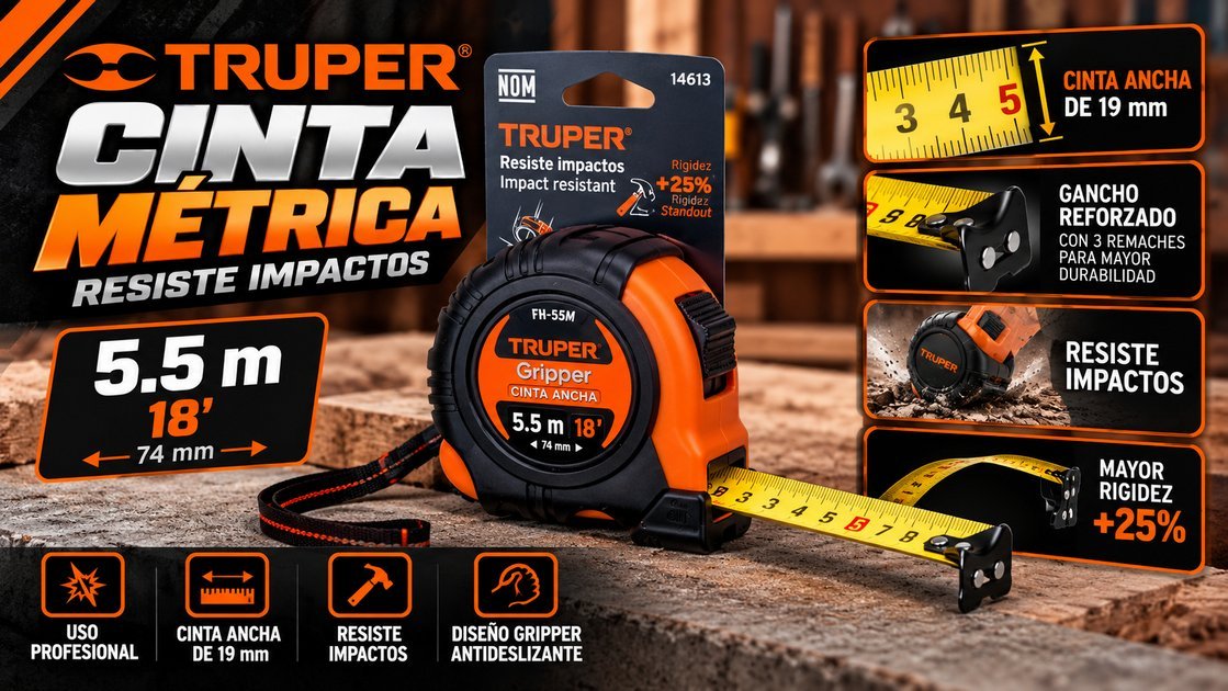 Cinta métrica Truper resistente a impactos de 5,5 m (18 pies) con cinta de 19 mm y carcasa naranja antideslizante