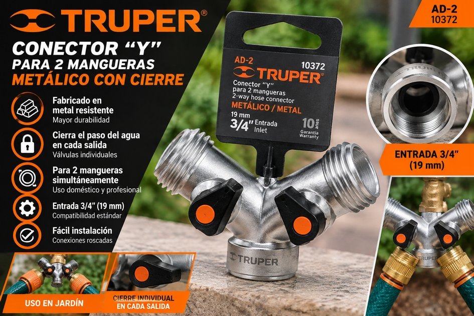 Siamés o conector Y metálico Truper con cierre para 2 mangueras, entrada 3/4 pulgada
