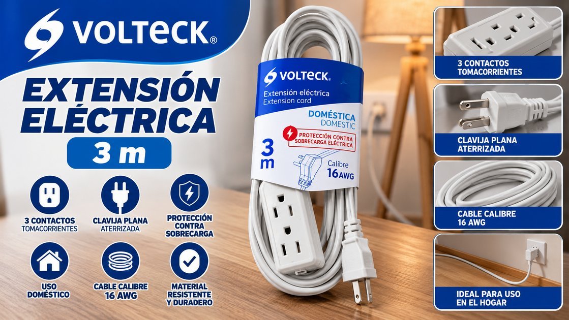 Extensión eléctrica doméstica Volteck blanca de 3 m con 3 contactos, clavija aterrizada y cable calibre 16 AWG