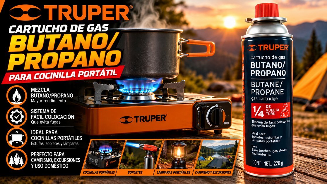 Cartucho de gas butano/propano Truper de 220 g para cocinilla portátil