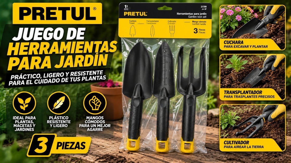 Juego de herramientas plásticas para jardín Pretul de 3 piezas: cuchara, transplantador y cultivador