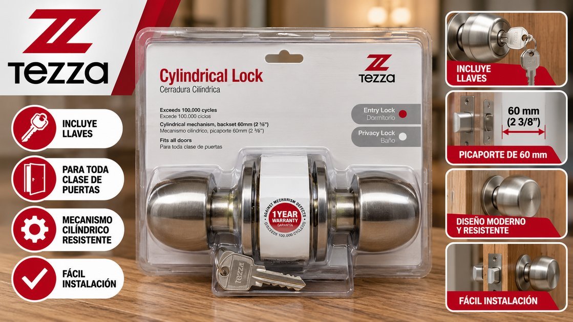 Llavín de bola cilíndrico Tezza acabado satinado con llaves, picaporte de 60 mm, para puertas de casa