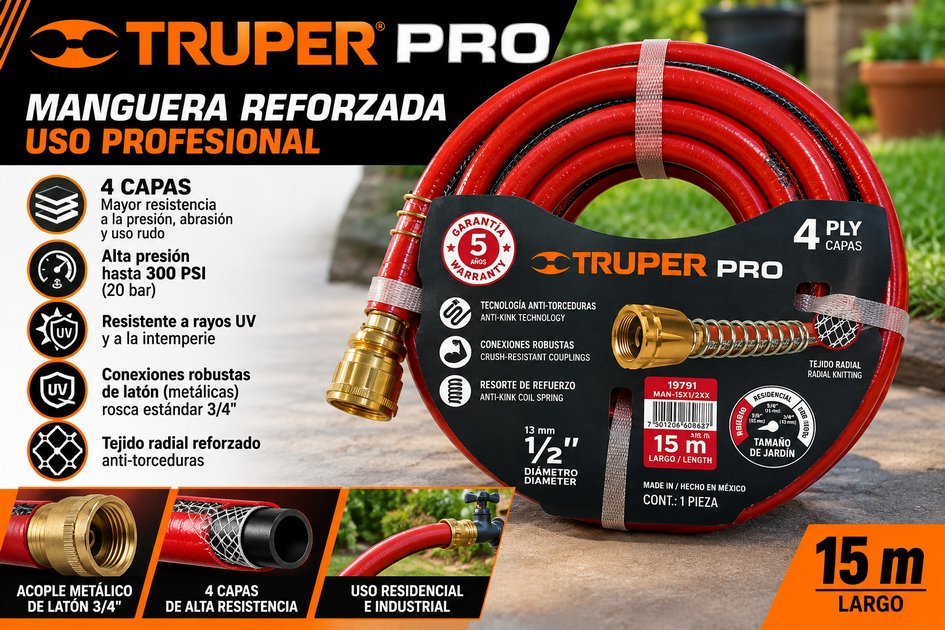 Manguera reforzada Truper PRO de 4 capas, 1/2 pulgada × 15 m, con acoples de latón