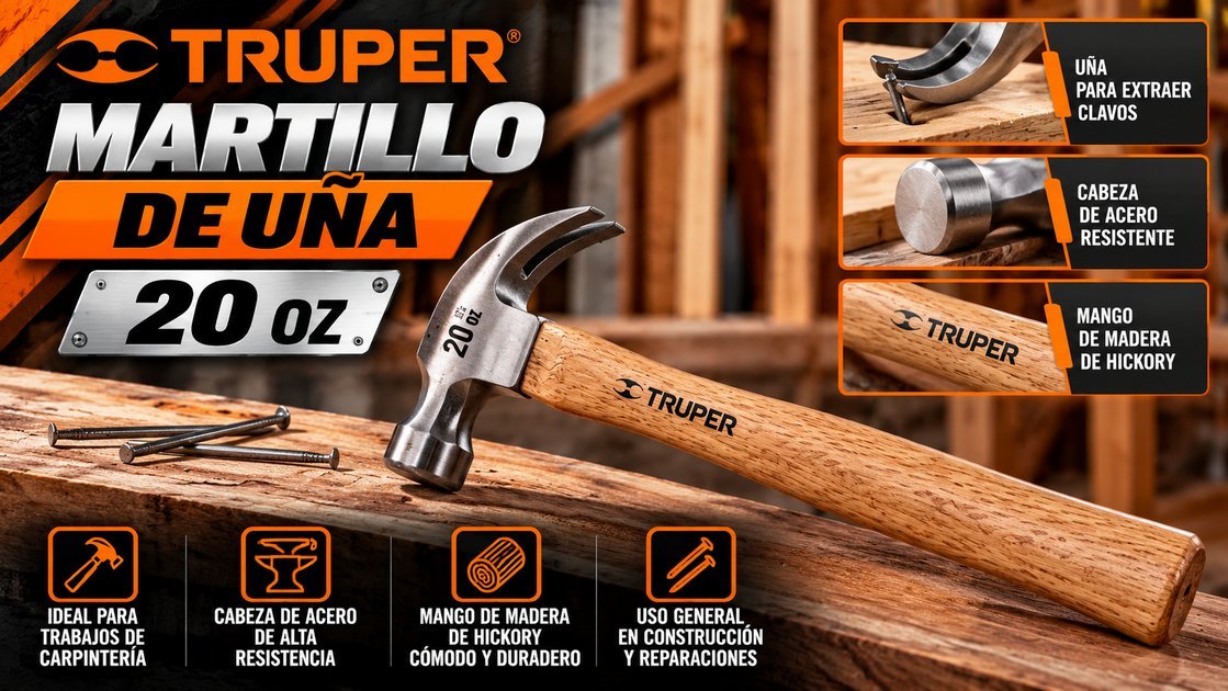 Martillo de uña Truper de 20 oz con cabeza de acero y mango de madera de hickory