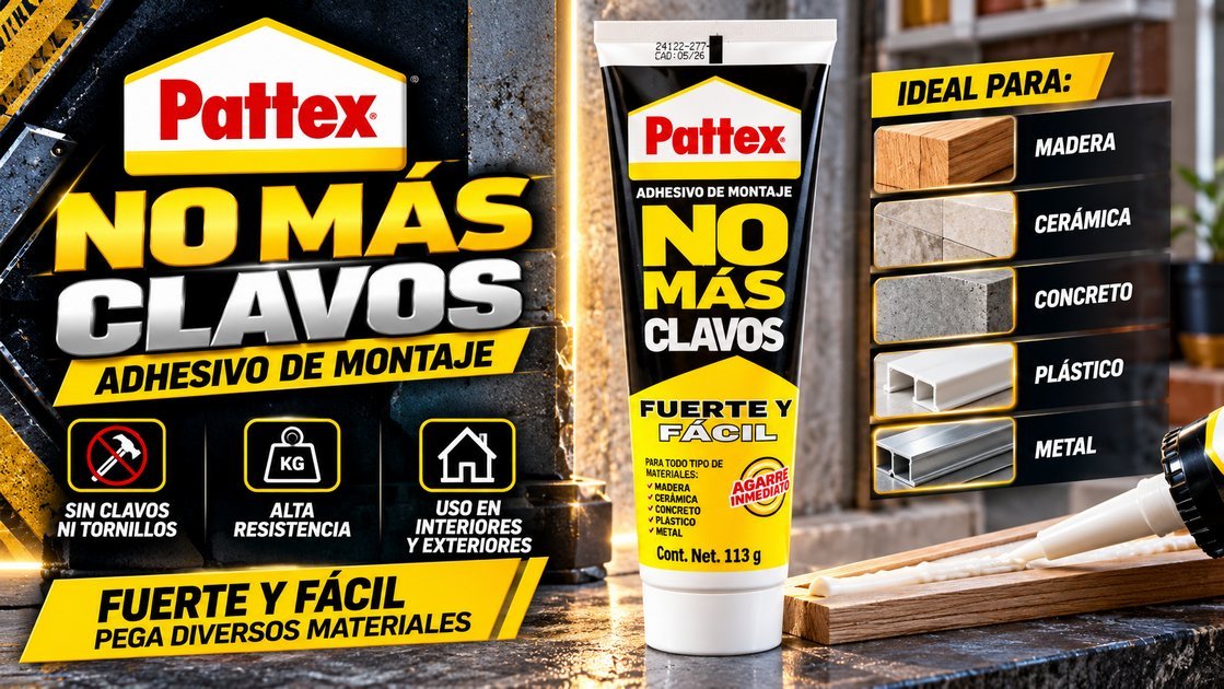 Pattex No Más Clavos, adhesivo de montaje en tubo para pegar madera, cerámica, concreto, plástico y metal sin clavos ni tornillos