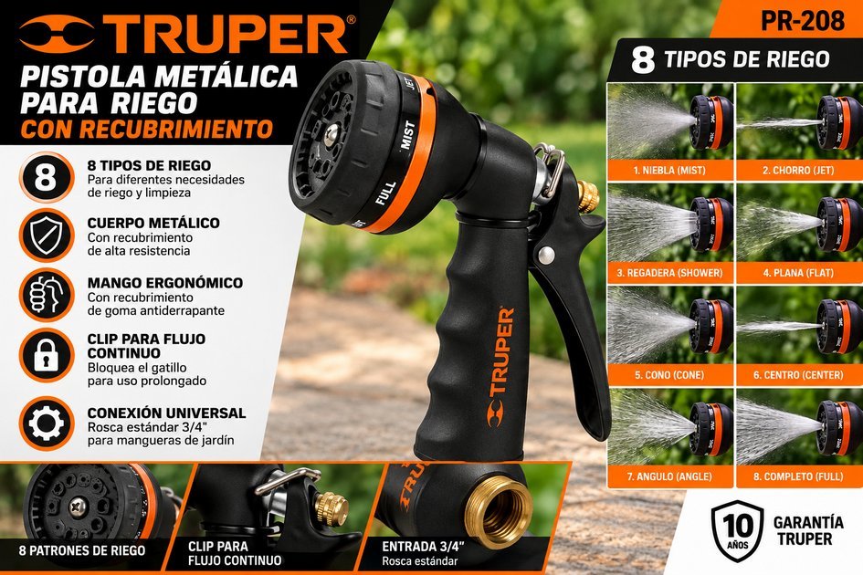 Pistola metálica para riego Truper PR-208 con recubrimiento y 8 tipos de riego