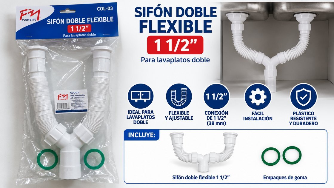 Sifón doble flexible de 1 1/2″ (38 mm) en forma de Y para lavaplatos de dos pilas, con empaques de goma