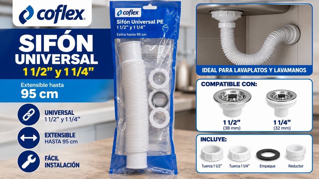 Sifón universal Coflex de PE extensible hasta 95 cm, para lavaplatos y lavamanos de 1 1/2″ y 1 1/4″
