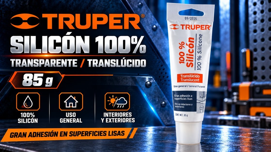 Silicón Truper 100 % transparente translúcido de 85 g para sellar en interiores y exteriores