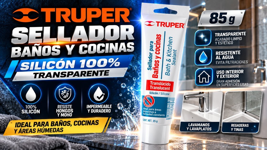 Sellador Truper para baños y cocinas, silicón 100 % transparente de 85 g, resistente a hongos y moho