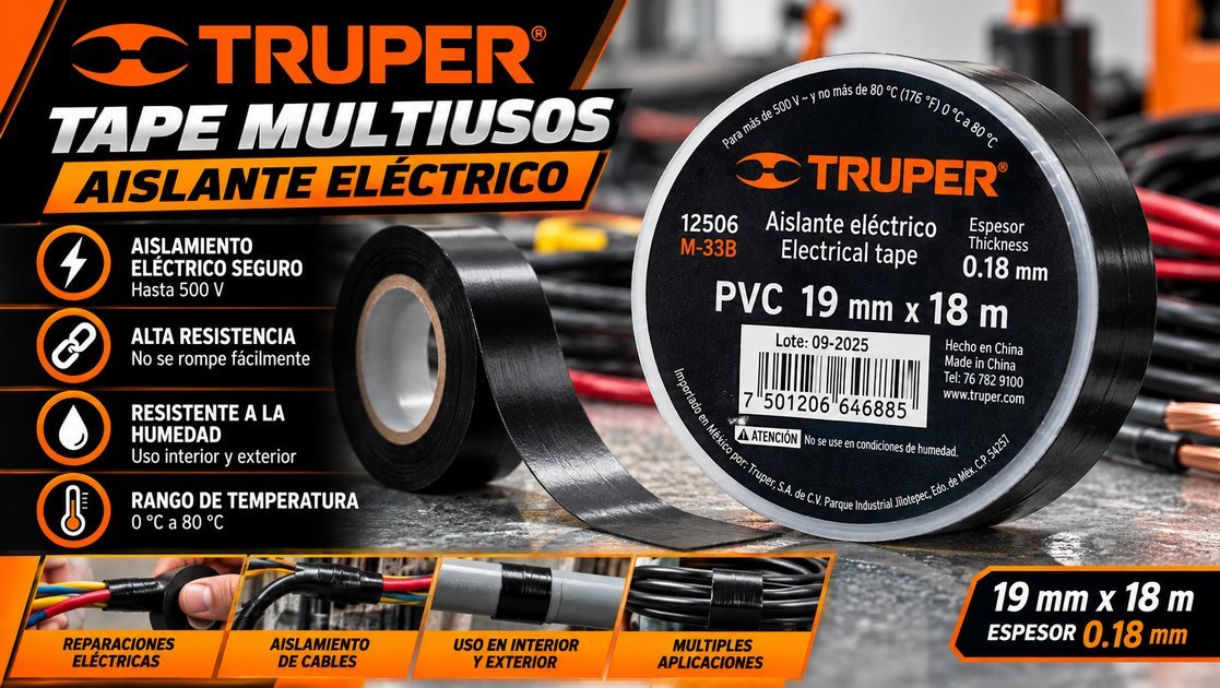 Tape aislante eléctrico Truper de PVC negro, 19 mm × 18 m, código 12506