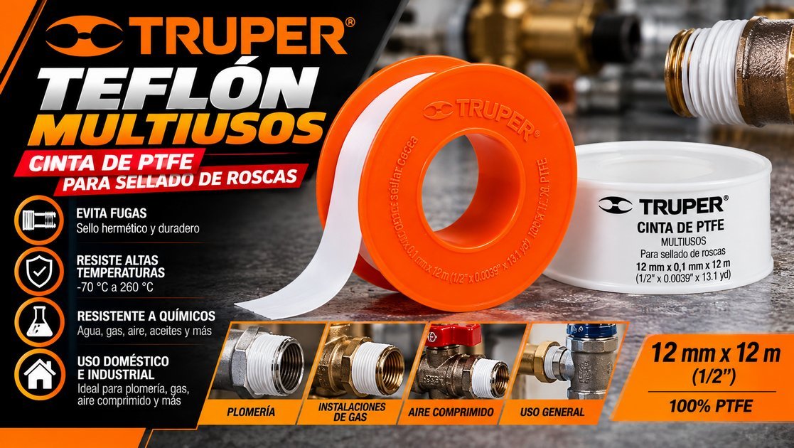 Teflón multiusos Truper, cinta de PTFE para sellado de roscas de 12 mm × 12 m