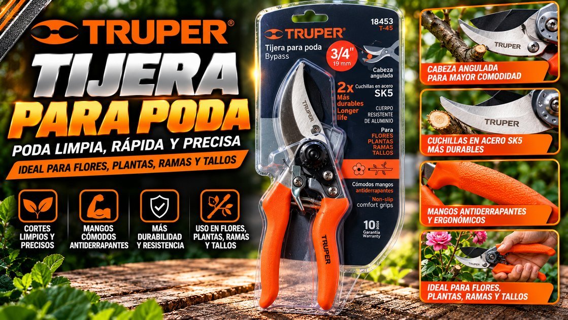 Tijera para poda bypass Truper de 3/4 pulgada con cuchillas de acero SK5 y mangos naranja antiderrapantes